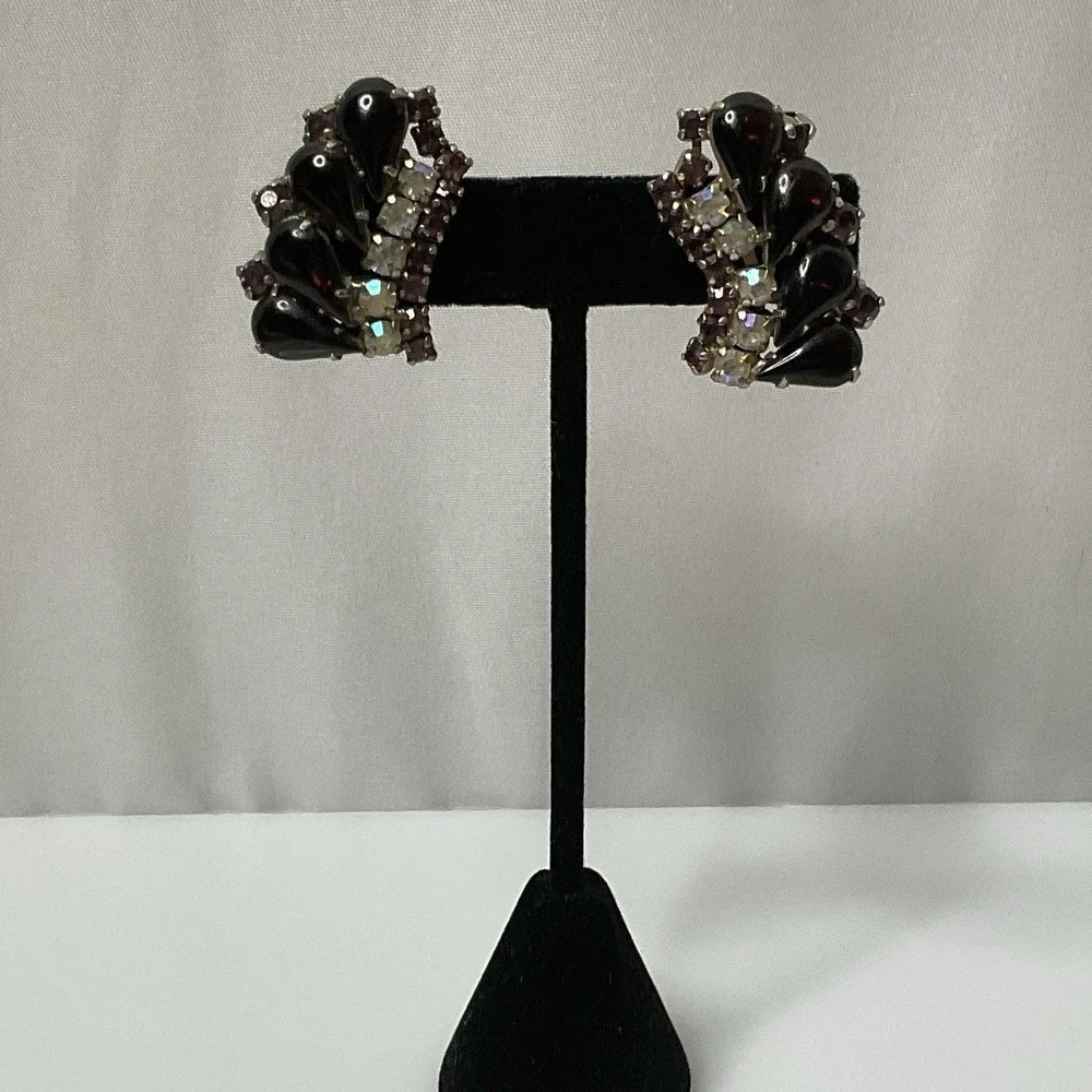 Vintage Purple & Clear Rhinestone Earrings Climber Clip On Silver Tone Statement